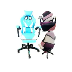 GENERICO - Silla Gamer 2 x 1 Vibracion Lumbar Azul Celeste Reposapies y Fundas