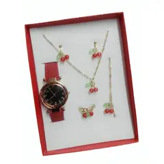 VANIDADES COLLECTIONS - Kit Reloj Cerezas Rojo Para Mujer + Juego De Collar Aretes