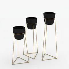ALIK DISEÑO - Soporte Matera Metàlico Dorado Con Macetera Plastica Negra Set X 3