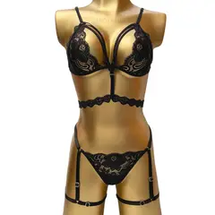 GENERICO - Lenceria Conjunto Ropa Interior Femenina Tanga + Bralette + Liguero-