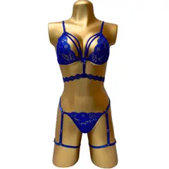 GENERICO - Lenceria Conjunto Ropa Interior Femenina Tanga + Bralette + Liguero-
