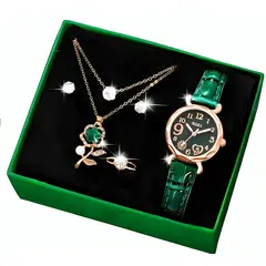VANIDADES COLLECTIONS - Kit Reloj Cuadrado Verde Para Mujer + Juego De Collar Aretes