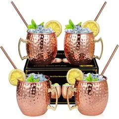 GENERICO - Juego De 4 Tazas De Cobre Macizo 100% Con 4 Pajitas