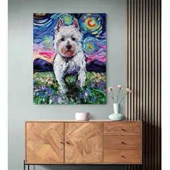 TAYRONA STORE - Cuadro Lienzo Noche Estrellada Perro Westie And Flowers Night 120x150cm