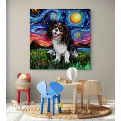 TAYRONA STORE - Cuadro Lienzo Habitacion Noche Estrellada Perro Tri Color Cavalier King Charles Spaniel Night 70x70cm