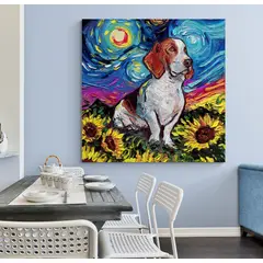 TAYRONA STORE - Cuadro Lienzo Habitacion Noche Estrellada Perro Basset Hound 02 80x80cm