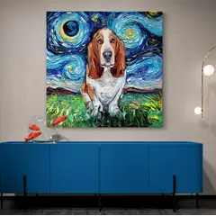 TAYRONA STORE - Cuadro Lienzo Habitacion Noche Estrellada Perro Basset Hound 01 70x70cm