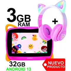 KRONO - Tablet Niños 3GB RAM Android 13 32GB Wifi ROSADO + DIADEMA
