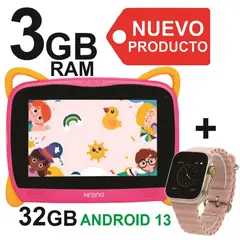 KRONO - Tablet Niños 3GB RAM Android 13 32GB Wifi + Reloj Rosado
