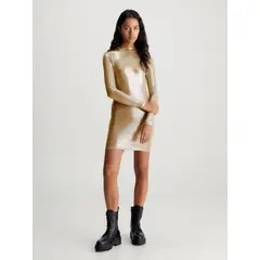 CALVIN KLEIN - Vestido Dorado Corto Metálico Con Mangas Largas