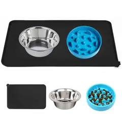 PETPAL - Plato Comida Perro Mascota Set Set Bebedero + Tapete - Azul-