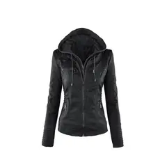 UBMD - Chaqueta Mujer Cuero PU Gruesa Capota Motocicleta 2287 Negro