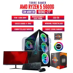 AMD - TORRE GAMER RYZEN 7 5700G 32GB RAM 1TB SSDBOARD A520M-K MONITOR 27 FHD165Hz