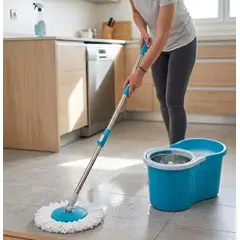 GENERICO - Trapero Giratorio 360 Acero Inoxidable + Repuesto con balde Azul