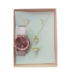 VANIDADES COLLECTIONS - Set Reloj Para Mujer Lazos Rosa Con Collar Aretes Reloj