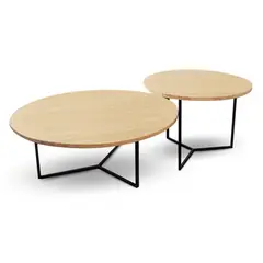 ALIK DISEÑO - Mesa Auxiliar de Centro Redonda Estilo Industrial Pino y Metal Set x 2