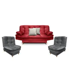 MUEBLES ONLINE - Sala Clic Clac Fendik tela rojo y gris + cojines decorativos