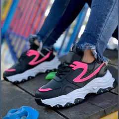 GENERICO - Tenis Negro Fucsia Dama Zapatillas Zapatos Mujer Lindos Moda Casual_.