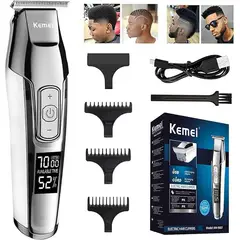 KEMEI - Patillera Profesional Trimmer Con Display Barberia Plateada