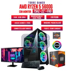 AMD - TORRE GAMER RYZEN 5 5600G 32GB RAM SSD 512GB BOARD A520M MONITOR 22" FHD