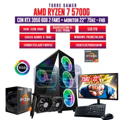 AMD - TORRE GAMER RYZEN7-5700G-32GB RAM-RTX3050 6GB-1TB SSD-BOARD A520-MONITOR 22FHD