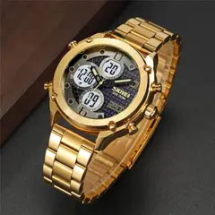 SKMEI - RELOJ ORIGINAL ACERO DOBLE HORA 1975 SUMERGIBLE DORADO_.