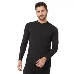 SANTANA - Camiseta Hombre Cuello Botones Manga Larga Henley Negro