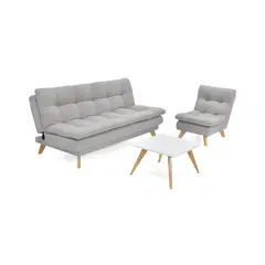 VENECIA - Sala con Sofá Cama Munich Poltrona Toulouse Tela Plata y Mesa Nova