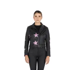 LA CHAQUETERIA - Chaqueta en Cuero Becerro Negro Estrellas Fucsia W48