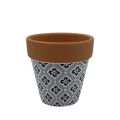 GENERICO - Maceta Terracota Con Estampado Blanco Y Negro Flor Grande