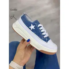 GENERICO - Tenis Urbano Cosido Lona Dama Mujer Estrella Zapatos-Azul