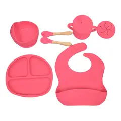XALTA - Set Vajilla En Silicona para bebé Plato Babero Vaso -Rosa