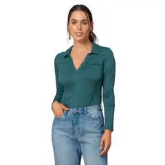 LEONISA - Camiseta manga larga con cuello camisero y perilla funcional