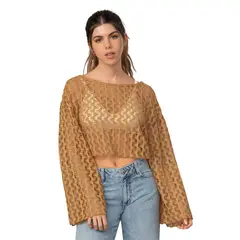 LEONISA - Camiseta crop manga larga con transparencias