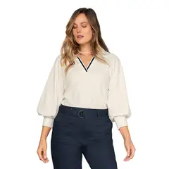 LEONISA - Camiseta manga larga con cuello tejido y tela acanalada