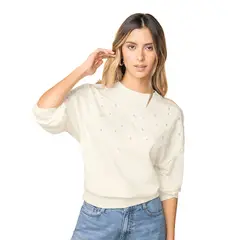LEONISA - Buzo cuello redondo con aplique de perlas
