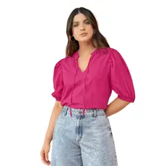 LEONISA - Camisa con cuello en V con cordón para amarrar
