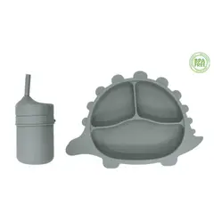 GENERICO - VASO SILICONA + PLATO ANTIDERRAME BEBÉ ENTRENAMIENTO- AZUL