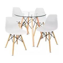 MOBLIHOUSE - Kit Mesa Eames Minimalista Vidrio Y 4 Sillas Eames Blancas