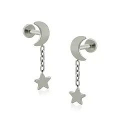 AGHA JEWELRY - Titanio Aretes Piercing Luna con Cadena y Estrella para Lóbulo