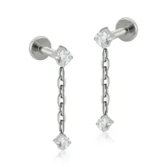 AGHA JEWELRY - Titanio Arete Piercing Cadena con Doble Cristal Zirconia Cúbica para Lóbulo