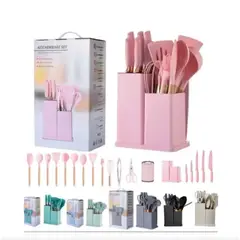 SHELL - Set De Utensilios De Cocina Silicona Y Cuchillos Tabla 19pcs