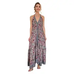 FRIOLENTA - Vestido Boho Largo Hindu Estampado Arabescos Ajustable