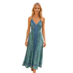 FRIOLENTA - Vestido Hindu Maxi Vestido Largo Estampado Arabescos Verano Turquesa