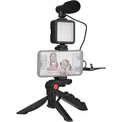 DM - Kit de vlogging iPhone Android + trípode + mini luz LED de video + micrófono cardioide