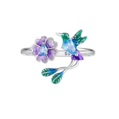 ALHAJAS - Anillo Ajustable Pajáro Colibrí Flor Regalo Para Mujer En Plata 925