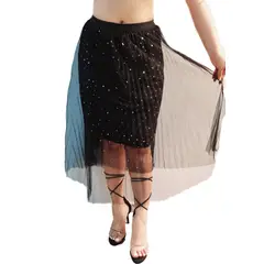 VIA7 - Falda negra de resorte con lunas y estrellas brillantes y malla