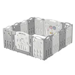 ALBURA - Corral De Plástico Bebés Playpen Gris 14 Paneles Plegable