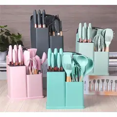 KITCHEN - Set De Utensilios De Cocina Silicona Y Cuchillos Tabla 19pcs
