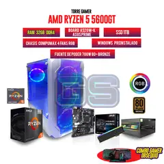 AMD - PC GAMER R5 5600GT 32GB RAM SSD 1TB CHASIS 4FANS RGB COMBO GAMER 4 EN 1